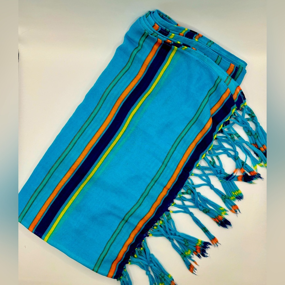 Long fashion striped scarf with fringe - teal, navy, yellow, salmon, green - Picture 4 of 11